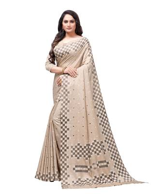 Beige printed Silk blend saree with blouse 3