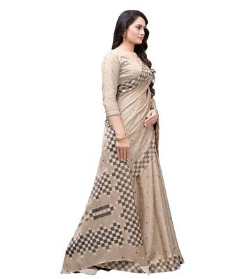 Beige printed Silk blend saree with blouse 4