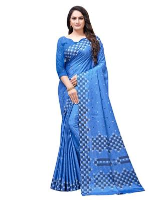 Blue printed Silk blend saree with blouse 1