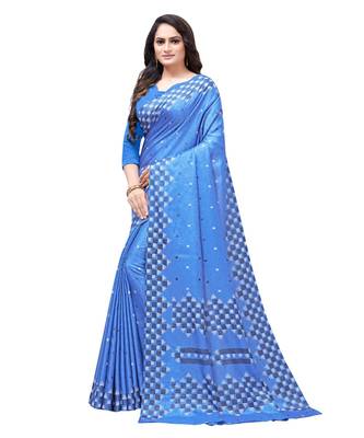 Blue printed Silk blend saree with blouse 3