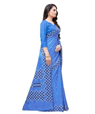 Blue printed Silk blend saree with blouse 4