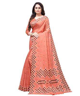 Peach printed Silk blend saree with blouse 3