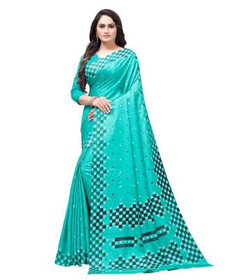 Green printed Silk blend saree with blouse 3