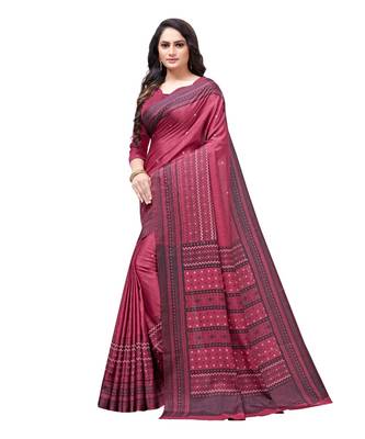 Maroon printed Silk blend saree with blouse 3