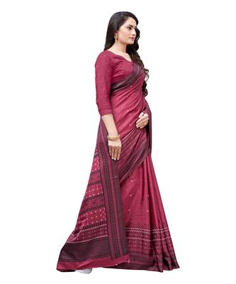 Maroon printed Silk blend saree with blouse 4