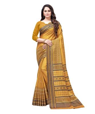 Mustard printed Silk blend saree with blouse 1