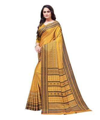 Mustard printed Silk blend saree with blouse 3