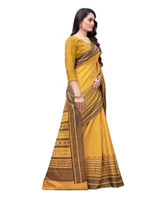 Mustard printed Silk blend saree with blouse 4