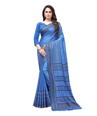 Blue printed Silk blend saree with blouse 1