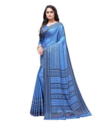 Blue printed Silk blend saree with blouse 3