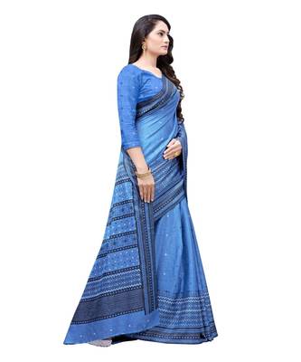 Blue printed Silk blend saree with blouse 4