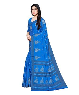 Blue printed Silk blend saree with blouse 3