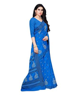 Blue printed Silk blend saree with blouse 4
