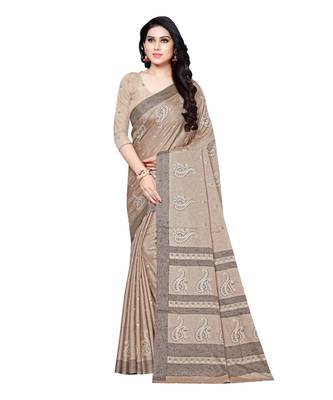 Beige printed Silk blend saree with blouse 1