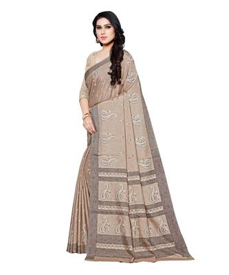 Beige printed Silk blend saree with blouse 3