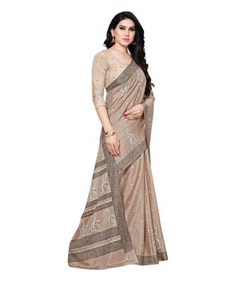 Beige printed Silk blend saree with blouse 4