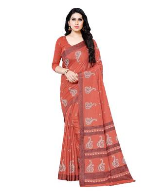 Peach printed Silk blend saree with blouse 1