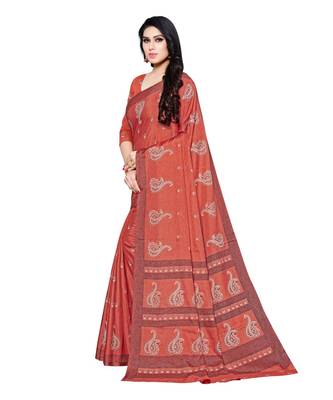Peach printed Silk blend saree with blouse 3
