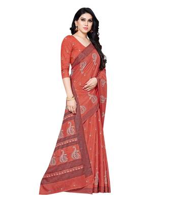 Peach printed Silk blend saree with blouse 4