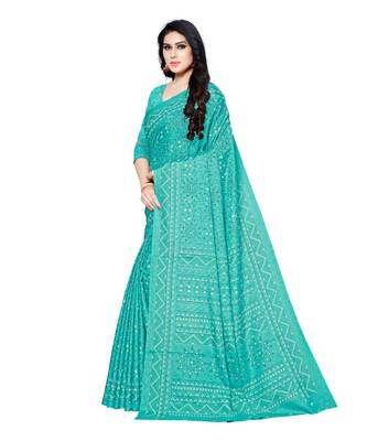 Green printed Silk blend saree with blouse 3