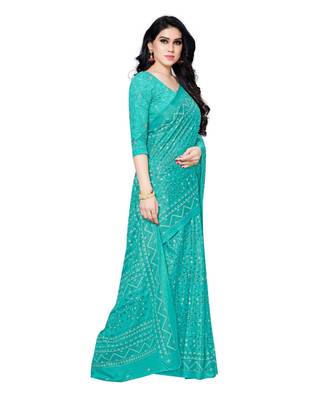 Green printed Silk blend saree with blouse 4