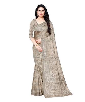 Beige printed Silk blend saree with blouse 1