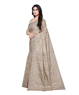 Beige printed Silk blend saree with blouse 3