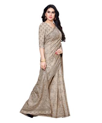 Beige printed Silk blend saree with blouse 4