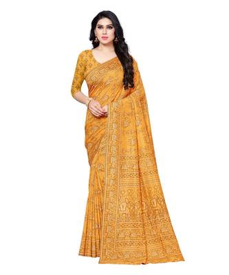 Mustard printed Silk blend saree with blouse 1