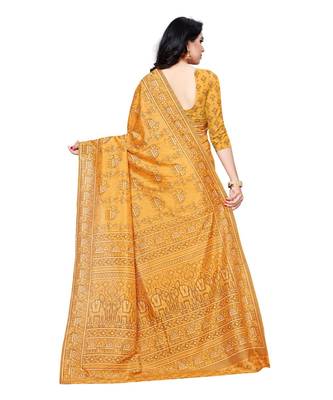 Mustard printed Silk blend saree with blouse 2