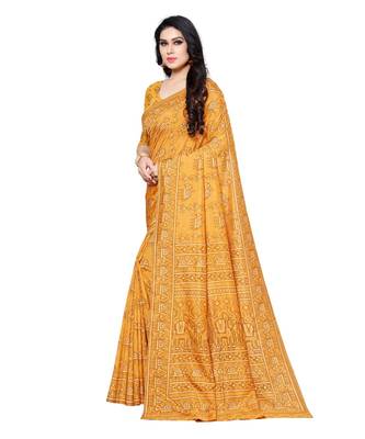Mustard printed Silk blend saree with blouse 3
