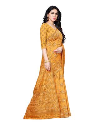 Mustard printed Silk blend saree with blouse 4