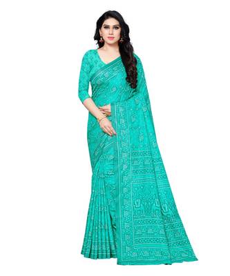 Green printed Silk blend saree with blouse 1