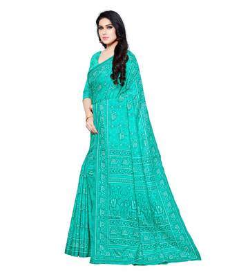 Green printed Silk blend saree with blouse 3