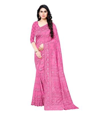 Pink printed Silk blend saree with blouse 1