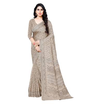 Beige printed Silk blend saree with blouse 1