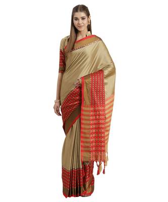 Beige printed Art Silk saree with blouse 1