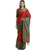 Red printed Art Silk saree with blouse