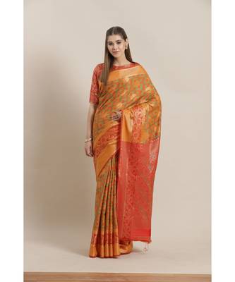 Mustard printed Silk blend saree with blouse 1