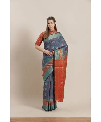 Blue printed Silk blend saree with blouse 1