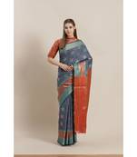 Blue printed Silk blend saree with blouse