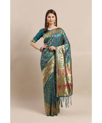 Green printed Silk blend saree with blouse 1