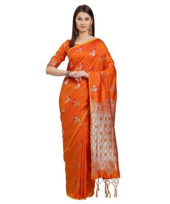 Mustard printed Silk blend saree with blouse 1