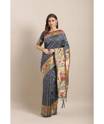 Grey printed Silk blend saree with blouse 1