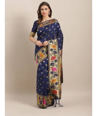 Blue printed Silk blend saree with blouse 1