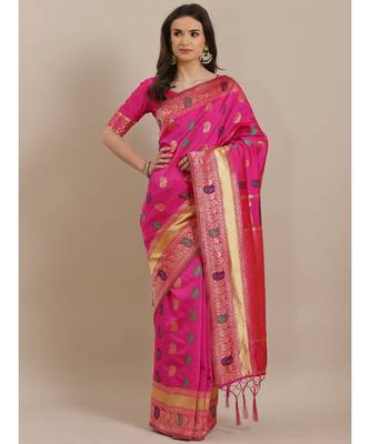 Pink printed Silk blend saree with blouse 1