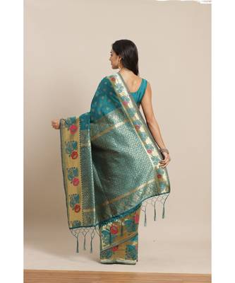 Green printed Silk blend saree with blouse 2