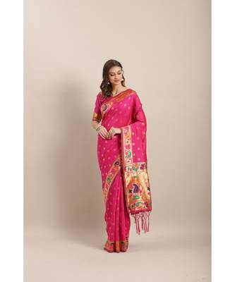 Pink printed Silk blend saree with blouse 1