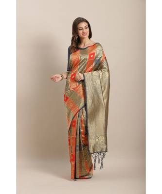 Grey printed Silk blend saree with blouse 1