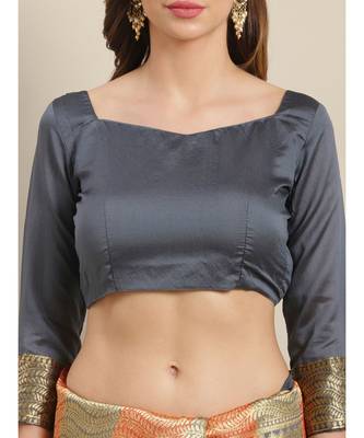 Grey printed Silk blend saree with blouse 3